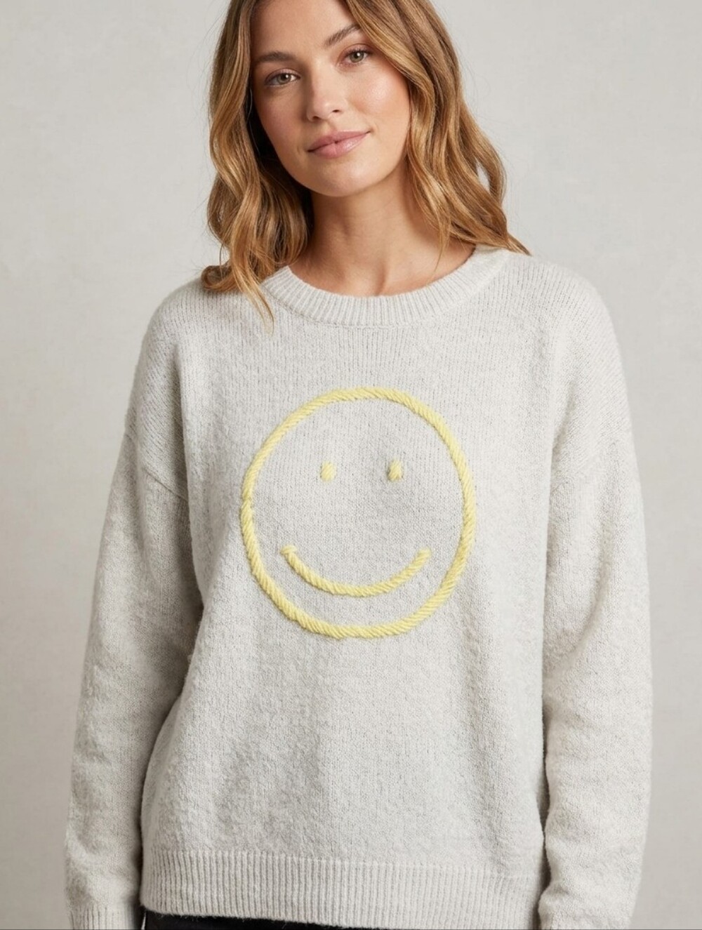 By Together Smiley Face Knit Crewneck Sweater Cream Yellow NWT Size Small